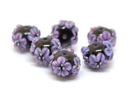 flower lampwork bead black glass beads bracelet artisan lampwork handmade glass bead black purple flower lavender flower earrings necklace