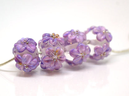 lilac floral lampwork handmade bead purple glass bead handmade lampwork bracelet necklace rondelle bead transparent bead lilac purple flower