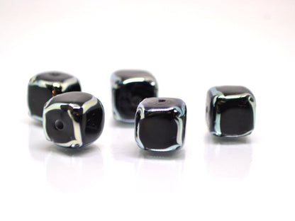 Black silver square beads, Black cube beads, Black spacer beads, Black lampwork beads, Artisan lampwork, 10mm cube beads, Geometric beads
