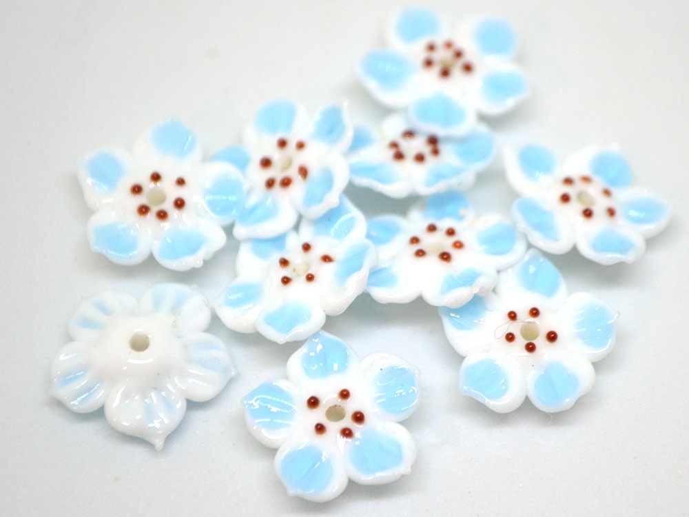White blue glass flower beads, Blue floral lampwork, Glass blossom beads, Artisan lampwork bead, Jewelry beads, 3d Embroidery beads