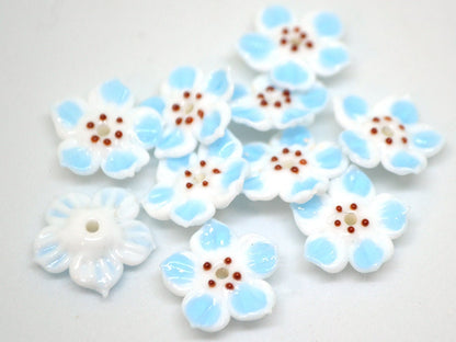 White blue glass flower beads, Blue floral lampwork, Glass blossom beads, Artisan lampwork bead, Jewelry beads, 3d Embroidery beads