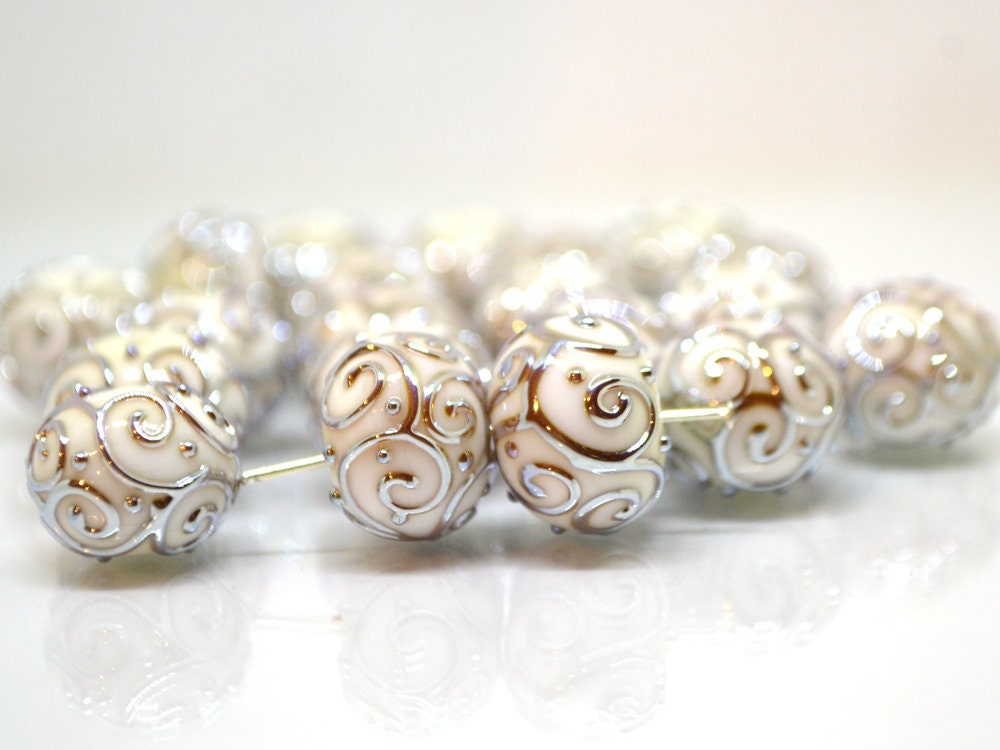 White beads with silver curls, Glass art beads, Handmade lampwork beads, Artisan lampwork Set, Round beads, Jewelry making, Beads set