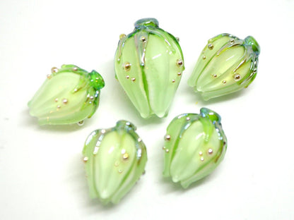 Mint green lampwork flower beads, Handmade lampwork beads, Floral glass pendant, Fresh green glass beads