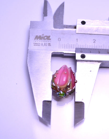 pink flower lampwork bead rose gold dots bud artisan handmade glass jewelry making dew green Leaf floral beads for earrings pendant wedding