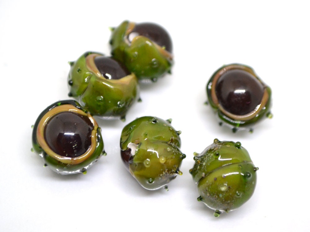 Lampwork chestnut beads, Handmade lampwork bead, Forrest glass beads, Green brown glass beads, Berry beads, Food glass bead,Artisan lampwork