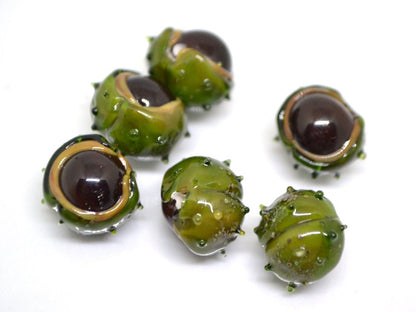 Lampwork chestnut beads, Handmade lampwork bead, Forrest glass beads, Green brown glass beads, Berry beads, Food glass bead,Artisan lampwork