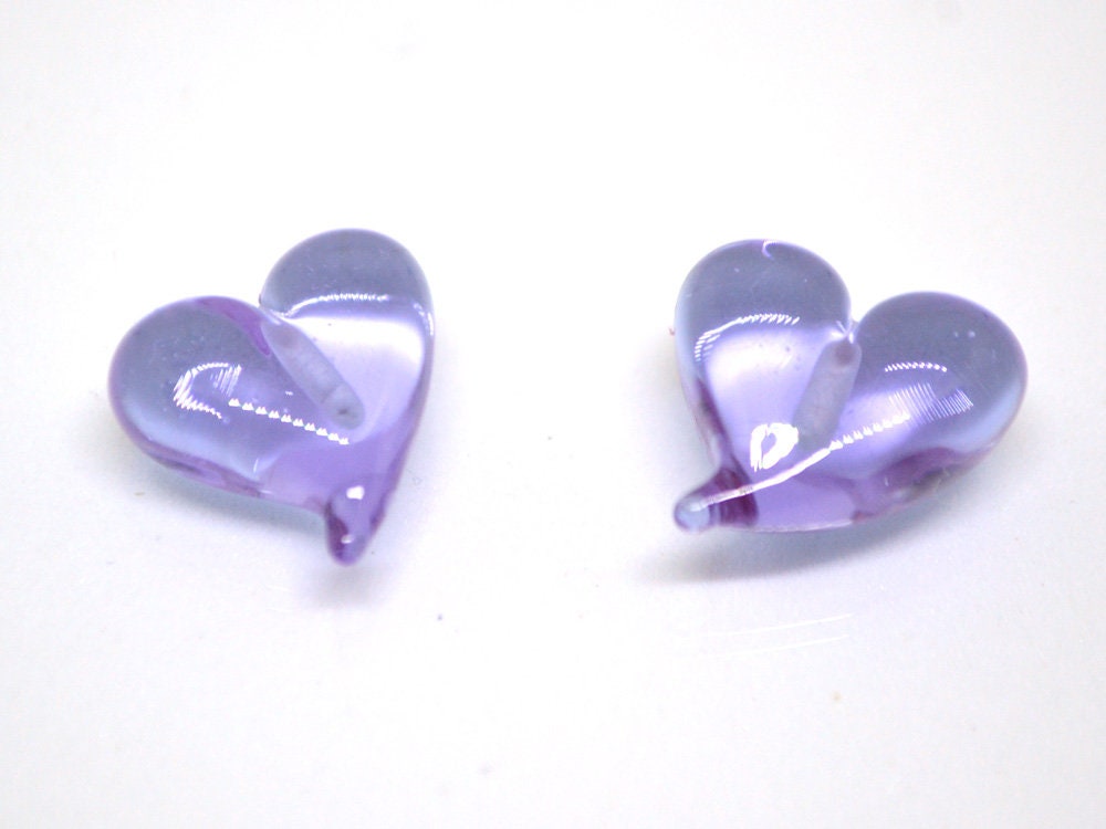 Lavender purple heart beads, Lampwork heart, Purple beads, Violet heart beads, Glass heart shape, Murano bead, Half-drilled beads