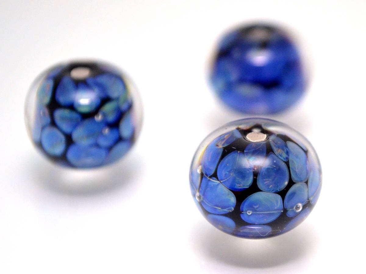 Black blue lampwork bead artisan lampwork jewelry making handmade bead round glass lampwork bead bracelet making blue dots black space bead