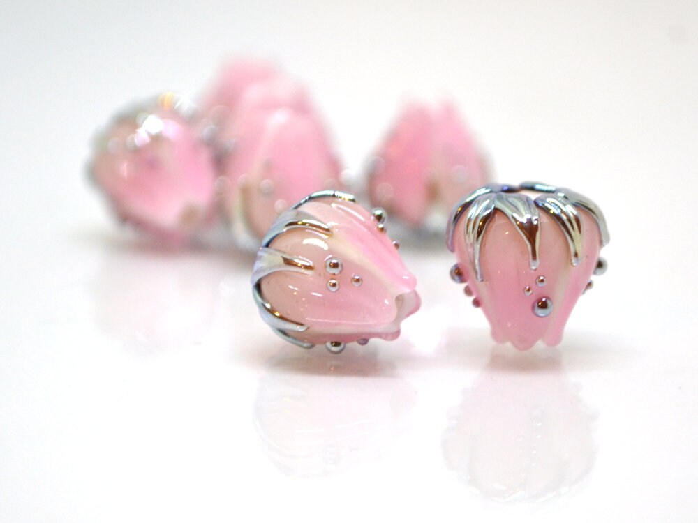 Tender Pale pink glass flower beads gold leaves, Artisan lampwork, 10mm flower bead, Pastel pink beads