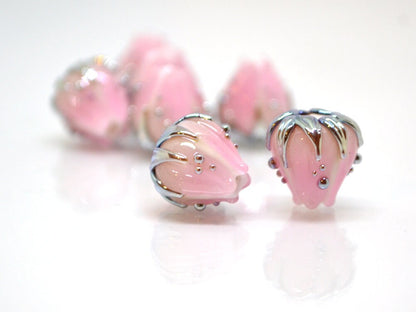 Tender Pale pink glass flower beads gold leaves, Artisan lampwork, 10mm flower bead, Pastel pink beads