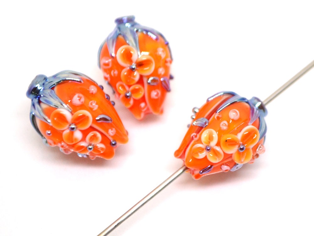 Orange silver flower bouquet lampwork beads, Bright lampwork beads, Artisan lampwork, SRA beads