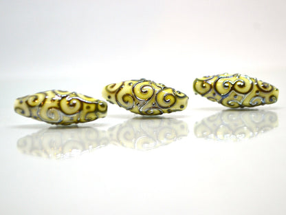 Ivory rhombus focal beads with gold curls, White milk glass beads, Mirror effect beads, Artisan lampwork