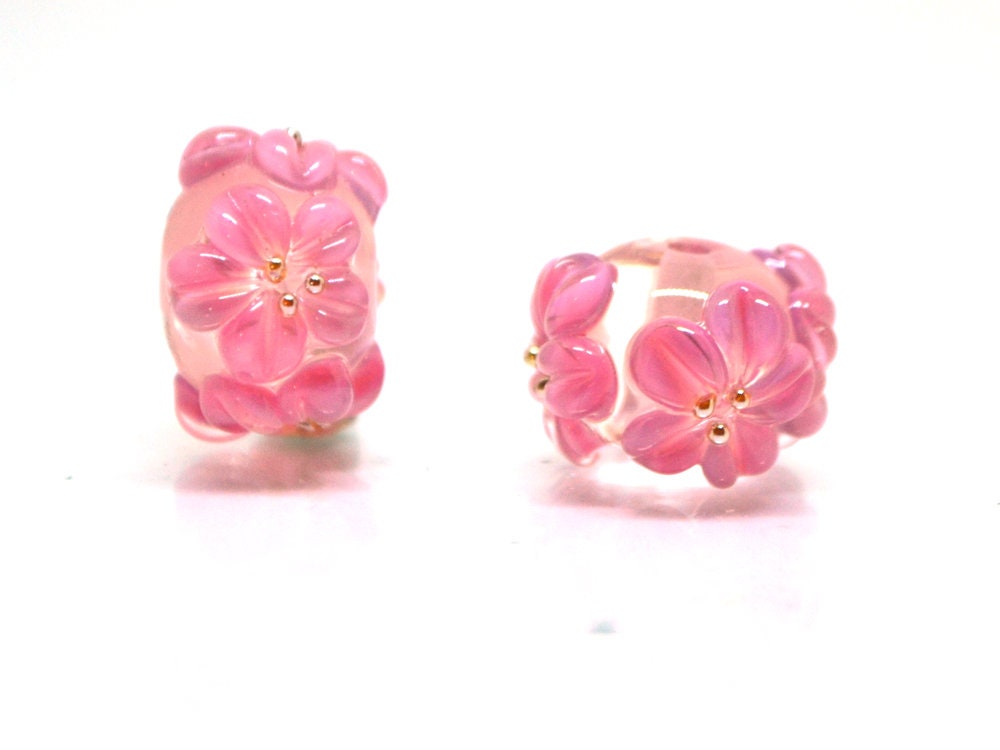 Pink flower beads, Clear Rondelle beads with flowers, Rondelle lampwork, Handmade lampwork, rondelle glass beads, lampwork spacer,Pink bead