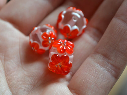 red flower beads red glass beads with flowers red transparent bead clear lampwork beads summer bright red beads earrings making jewelry