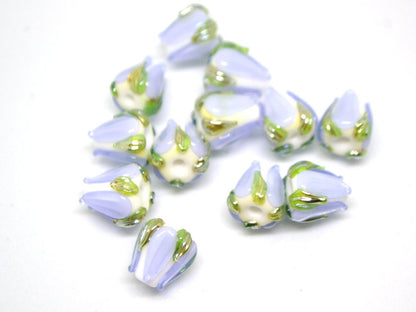 Pale Lavender green flower beads, 10mm beads, Light purple floral beads, Artisan lampwork, Handmade Lampwork, Floral lampwork, Pastel beads