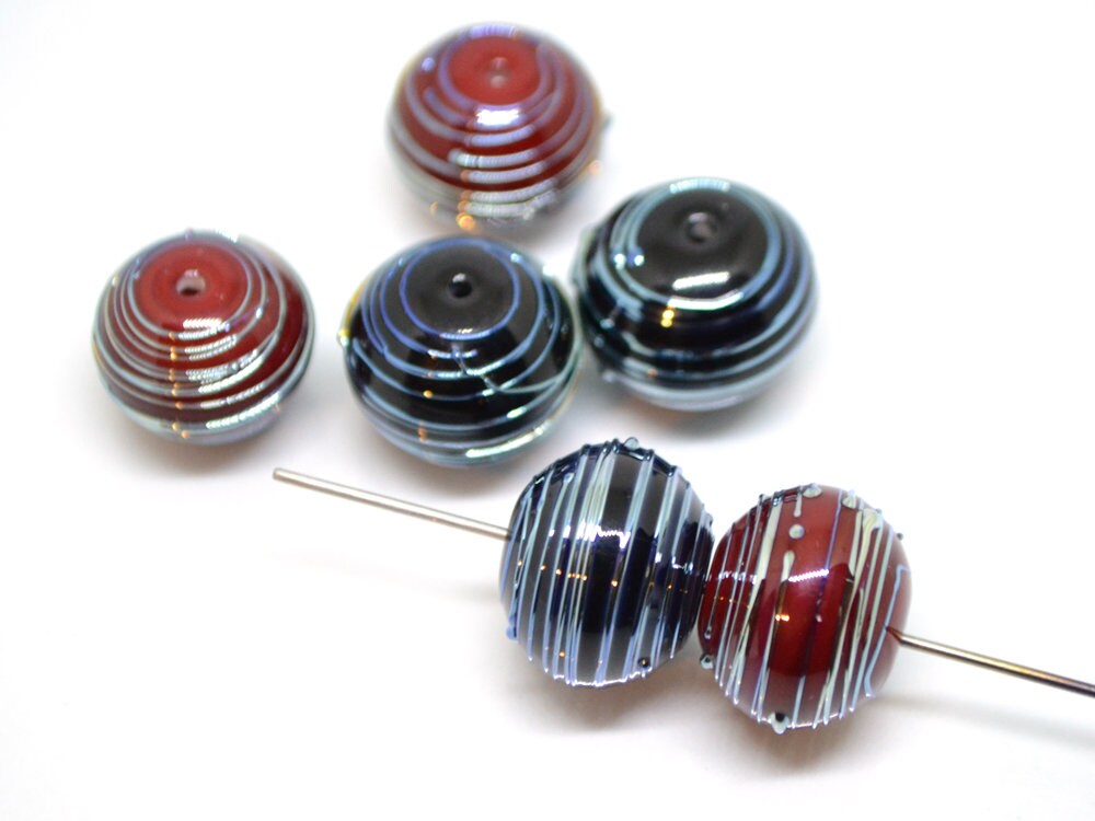 Hollow Black lampwork Beads, Stripes beads, Silver lines beads, Hollow red beads, Focal lampwork