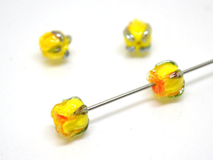 Yellow orange 8mm rosebud beads, Summer Floral lampwork, Rose beads, Colorful glass beads, Art Flower Beads, Murano Beads, Flower bud bead
