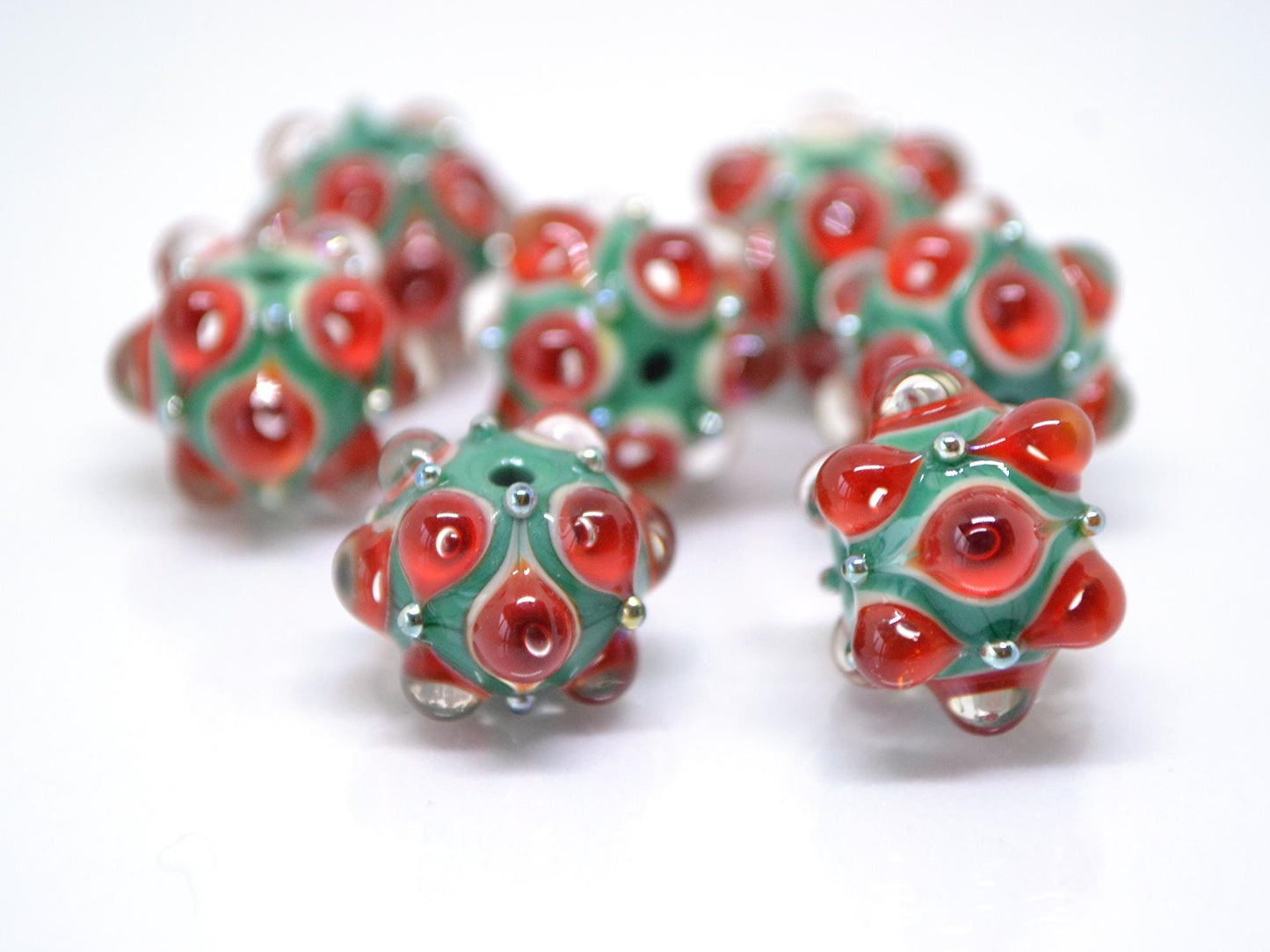 Red Green Lampwork bead, Red dots glass beads, Green lampwork beads, Rondelle beads with dots, Artisan lampwork, Handmade bead