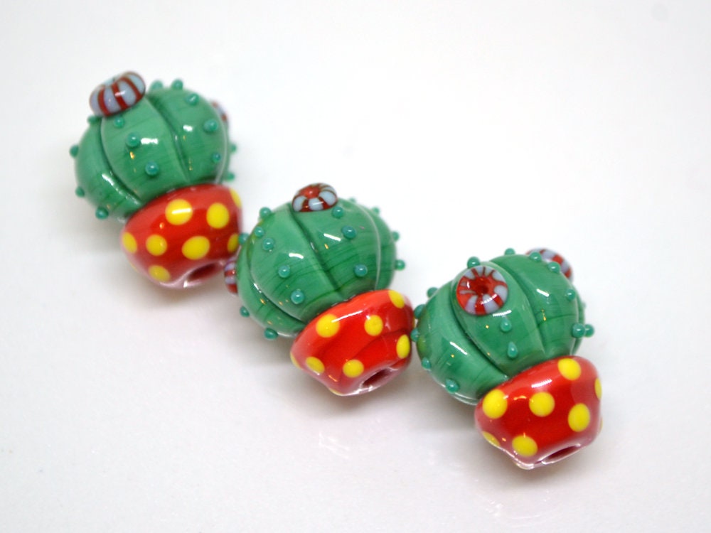Lampwork red green cactus flower beads in red pot, Wilderness plants, Desert flower, Cactus flower pendant, Succulent beads,Artisan lampwork