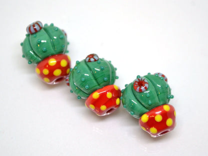 Lampwork red green cactus flower beads in red pot, Wilderness plants, Desert flower, Cactus flower pendant, Succulent beads,Artisan lampwork