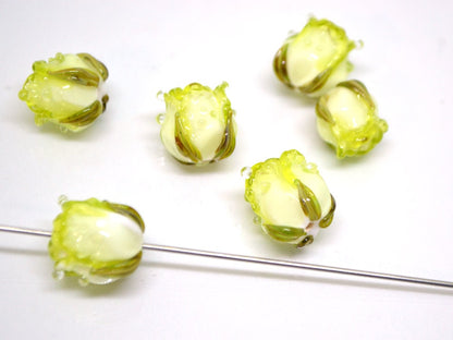 Green yellow rose bud beads, Lampwork rose beads, Salad green beads, Verdant Artisan lampwork, Floral Lampwork,Glass flower jewelry,Handmade