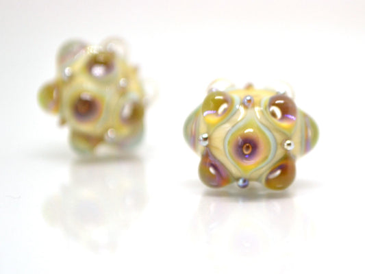 Beige purplish Lampwork bead, Ivory glass beads, Pastel lampwork beads, Focal beads, Artisan lampwork, Handmade bead, Rondelle beads