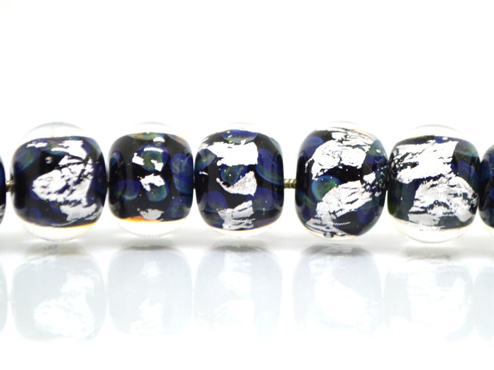 Black silver foil lampwork beads, Handmade glass beads, Artisan Lampwork, Art beads, rondelle beads