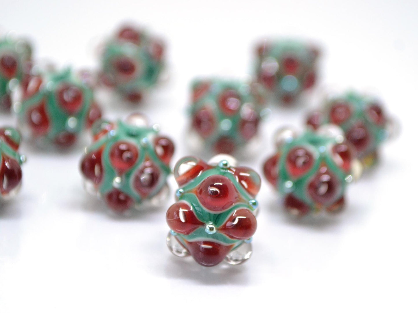 Red Green Lampwork bead, Red dots glass beads, Green lampwork beads, Rondelle beads with dots, Artisan lampwork, Handmade bead