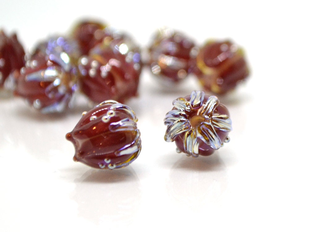 Flower lampwork bead, 10mm Dark red flower bud with silver, Artisan lampwork bead sets, Floral lampwork Bordeaux Garnet Glass beads Handmade