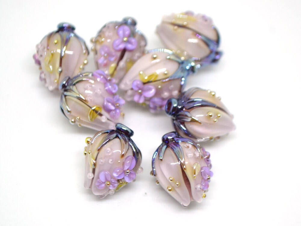 Pale purple flower bouquet lampwork beads, Light purple green mint lampwork beads, Artisan lampwork