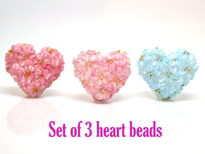 heart flower pendant glass heart pendant set of beads romantic jewelry making 3 heart pendant 3 sisters necklace floral art glass pendant