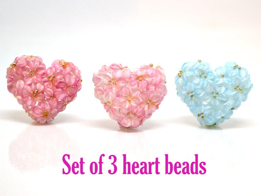 heart flower pendant glass heart pendant set of beads romantic jewelry making 3 heart pendant 3 sisters necklace floral art glass pendant