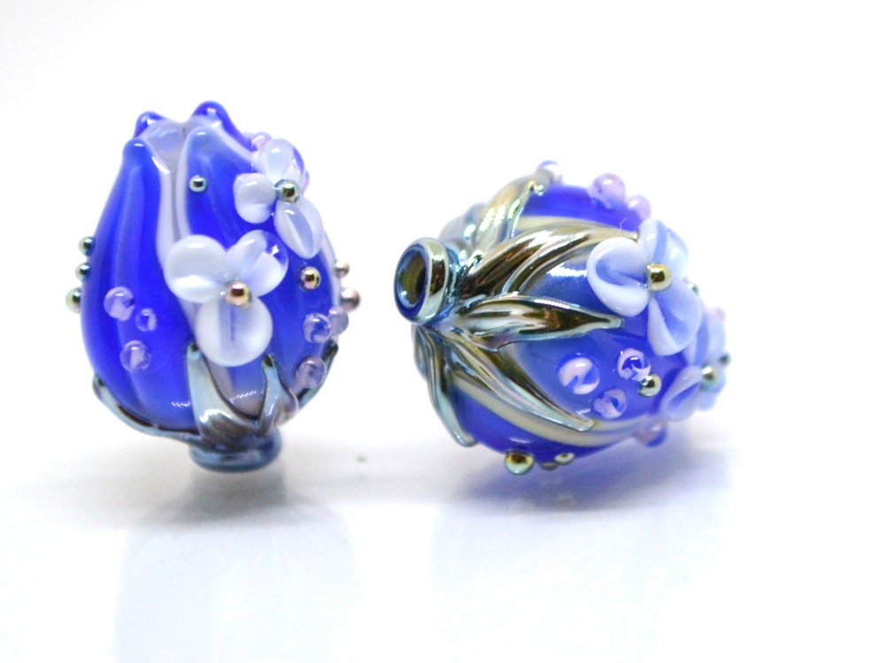 Cobalt flower bouquet lampwork beads, Sapphire lampwork beads, Artisan lampwork, 3d flower beads