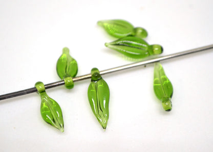 Green lampwork leaf beads Glass leaves Top drilled leaf beads Lampwork bead set Jewelry making Leaf charm Flower Floral Artisan lampwork