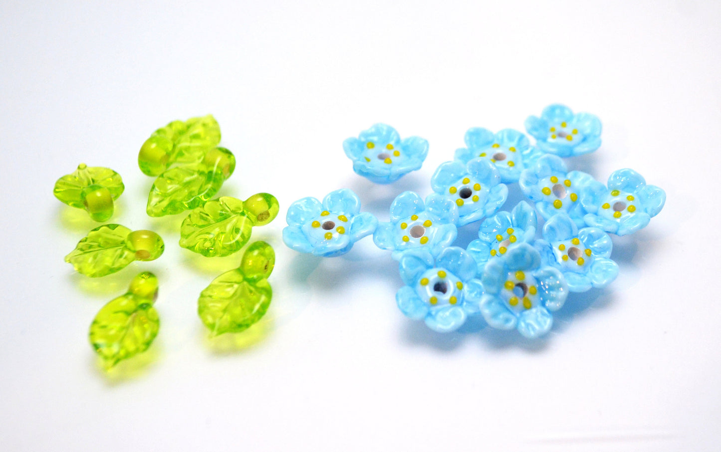 blue jewelry flower blue flower bead necklace making set bracelet making set handmade jewelry green leaf glass artisan lampwork  wildflower
