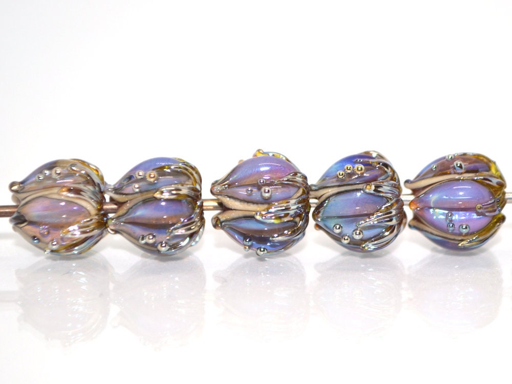 Purple gold glass beads, 10mm flower beads, Sparkle flower bead, Floral theme beads, Floral lampwork, Artisan lampwork, Lavender