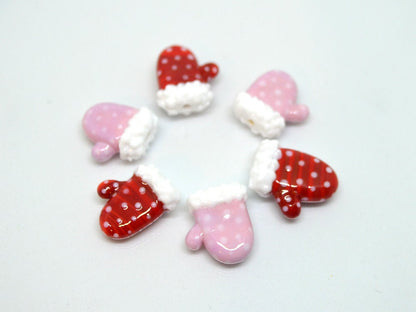 Lampwork mitten bead, Pink Red glass mitten bead, Christmas lampwork