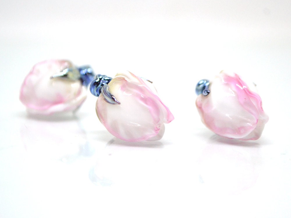 Tender pink flower beads, Lampwork floral beads, Glass flower beads, Pink silver floral beads, Artisan lampwork, Flower earrings DIY