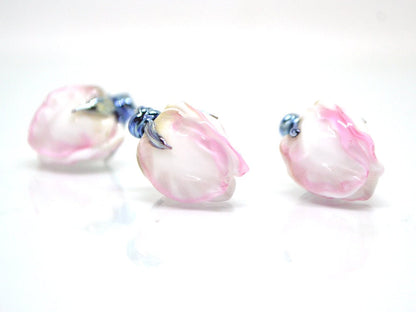 Tender pink flower beads, Lampwork floral beads, Glass flower beads, Pink silver floral beads, Artisan lampwork, Flower earrings DIY