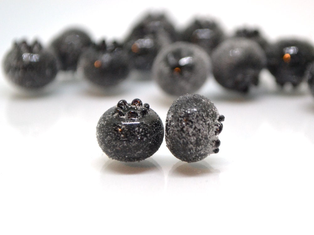 Glass black blueberry, Lampwork berry, Frost glass berries, Lampwork blueberry