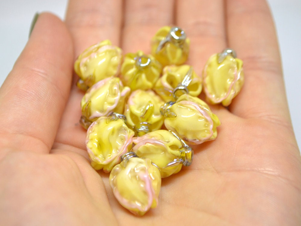 Yellow pink glass beads, Lampwork flower beads, Glass floral bead, Murano glass bead, Artisan lampwork, beads for jewelry, Handmade lampwork
