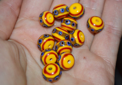 Yellow glass beads, red srtipes, Yellow lampwork beads, Rondelle glass beads, Blue dots, devil eye beads, Handmade beads