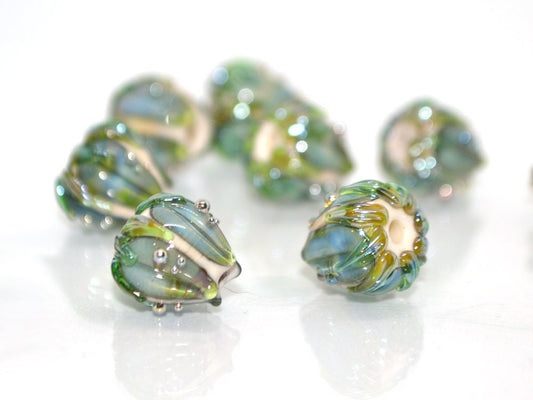 Olive green flower lampwork beads, Pale green glass beads, 10mm flower beads, Artisan lampwork garden floral theme beige gold jewelry supply