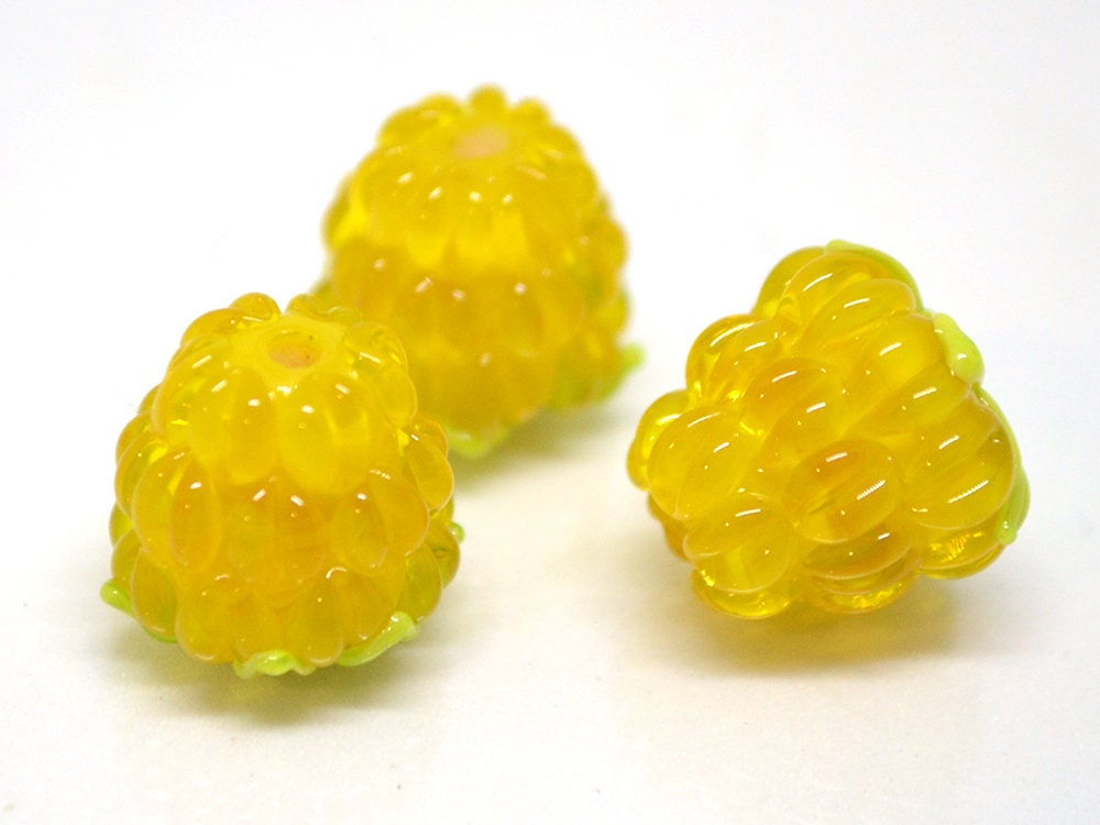 Yellow glass raspberry, Gloss Lampwork berries, Yellow Lampwork berry beads, Yellow Berry fruit beads, Glass Raspberry, Berry jewelry