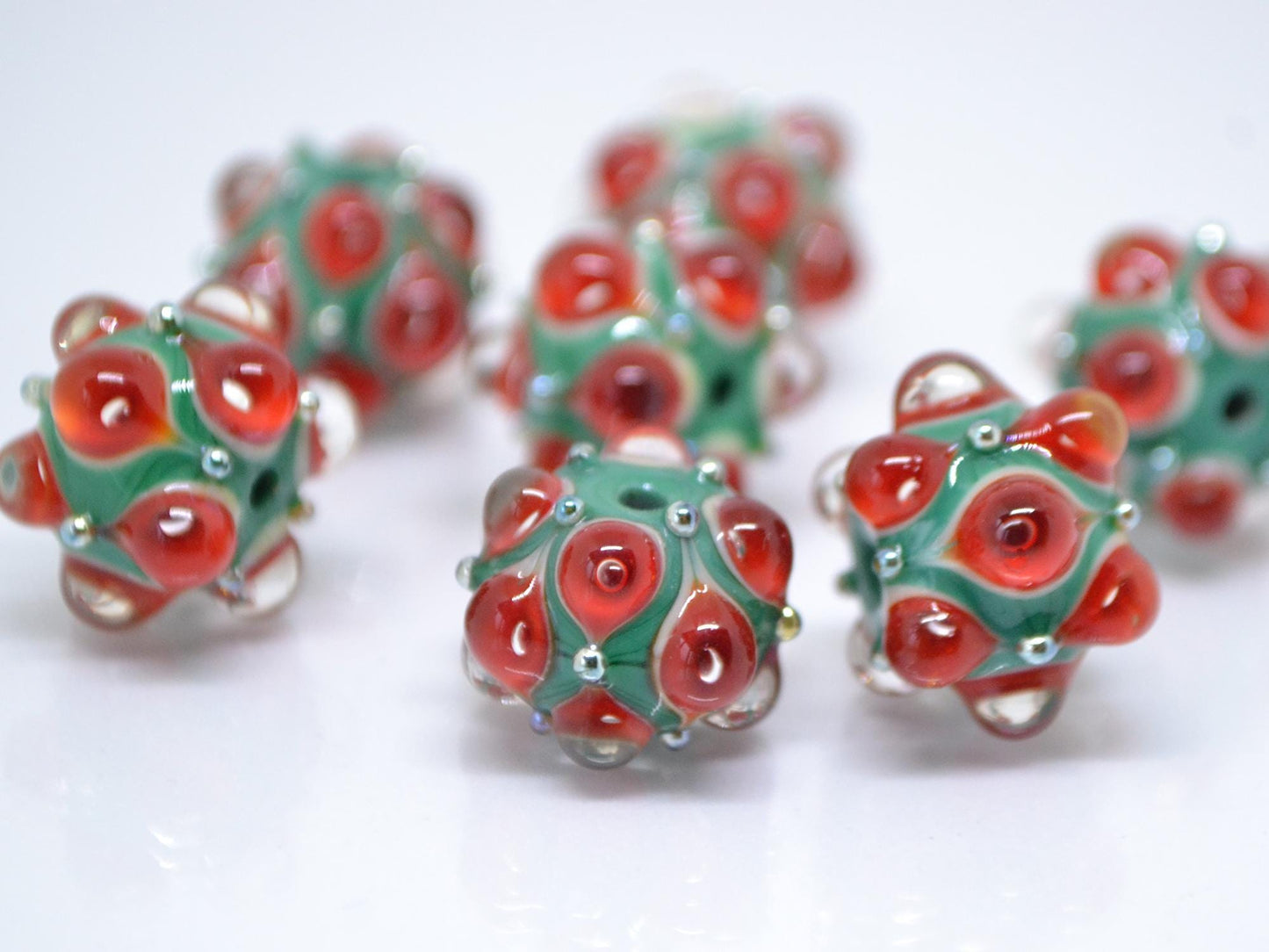 Red Green Lampwork bead, Red dots glass beads, Green lampwork beads, Rondelle beads with dots, Artisan lampwork, Handmade bead