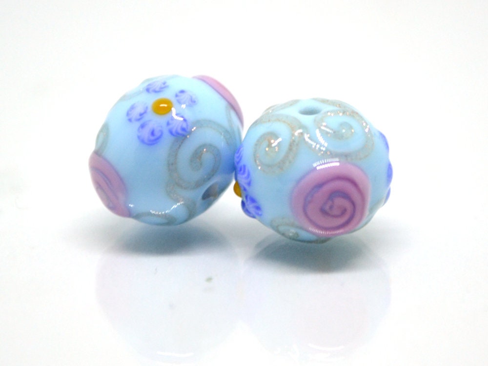 Venetian glass beads - Sky blue handmade beads with pink flowers and gold swirl, Artisan Lampwork Vintage glass bead Rondelle Jewelry making