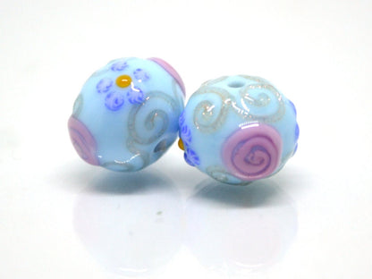 Venetian glass beads - Sky blue handmade beads with pink flowers and gold swirl, Artisan Lampwork Vintage glass bead Rondelle Jewelry making