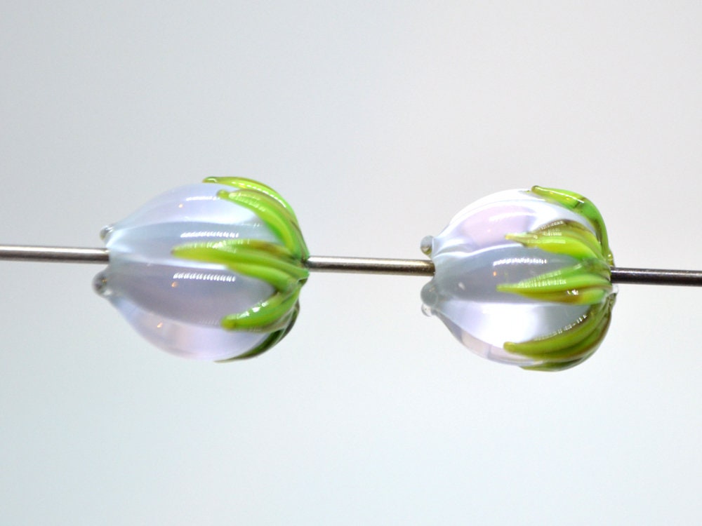 Pale blue and pink flower beads, Pastel Floral glass beads with green leaves, 12mm flower beads, Easter, Artisan lampwork