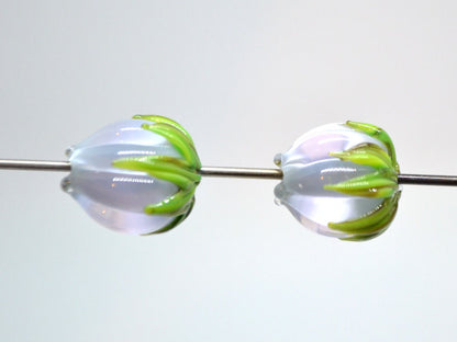 Pale blue and pink flower beads, Pastel Floral glass beads with green leaves, 12mm flower beads, Easter, Artisan lampwork