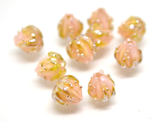 Pink gold floral beads, Peach bud flower beads, Tiny glass beads, Pastel pink 7mm flower beads, Artisan lampwork